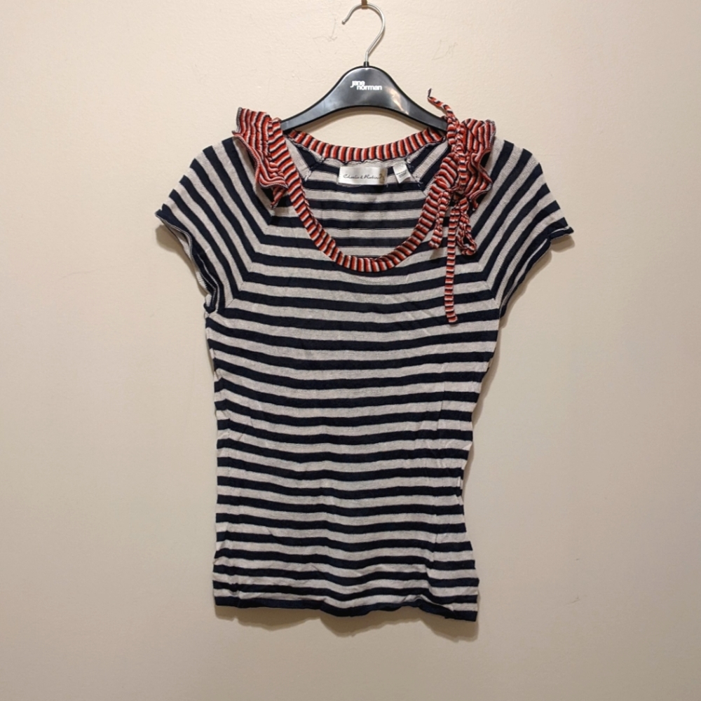 Anthropologie Navy & White & Red Striped Knit Top